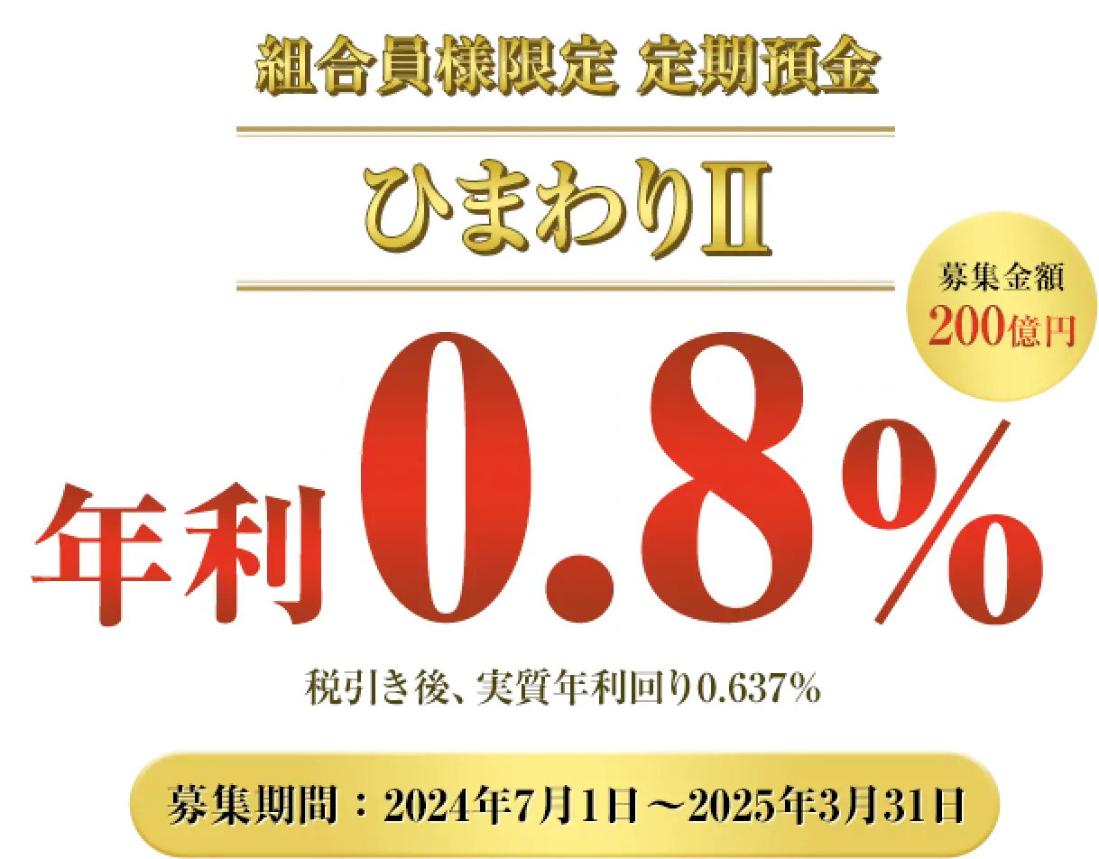 組合員様限定定期預金ひまわりⅡ 年利0.8% 税引き後、実質年利回り0.637% 募集期間 2024年7月1日~2025年3月31日